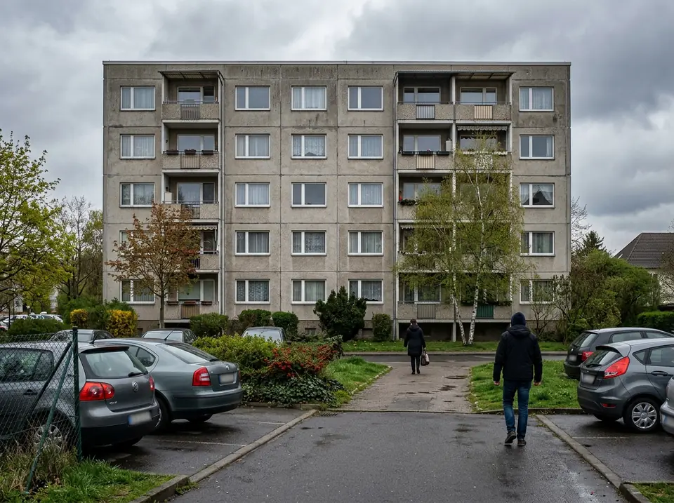 Panelház a parkoló felől, előtte gondozott zöldsáv
