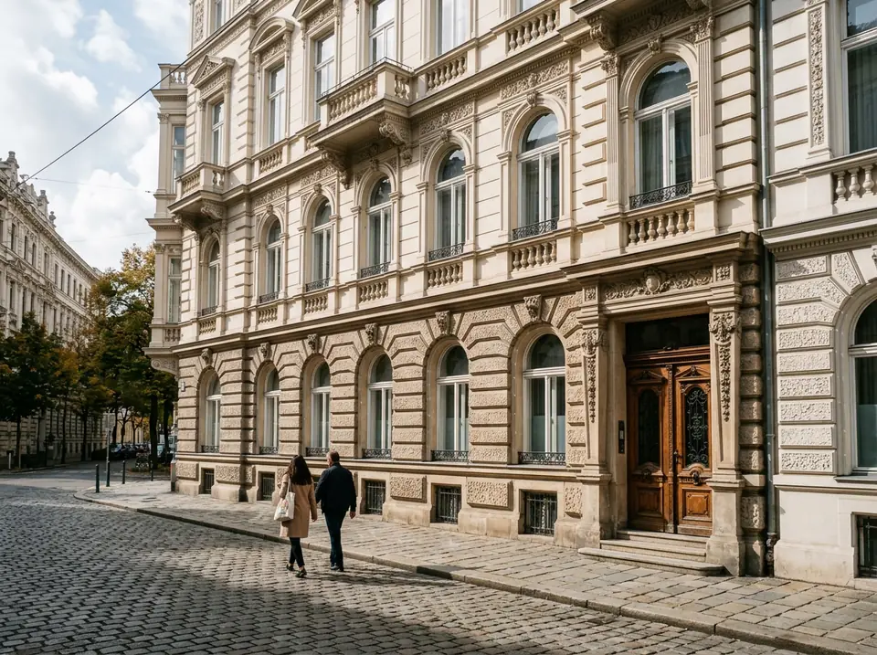Díszes, régi városi bérház homlokzata magas ablakokkal, csendes utcán